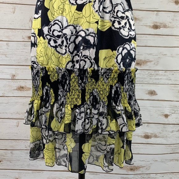 DYVNA Yellow Black Chacha Ruffle Floral Silk Dress - Picture 9 of 10